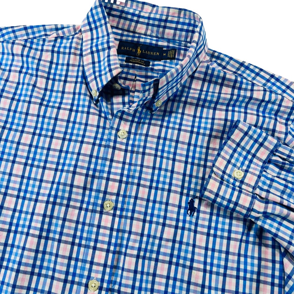 Ralph Lauren Button Down Shirt Mens M Blue Pink Plaid Performance Nylon Stretch